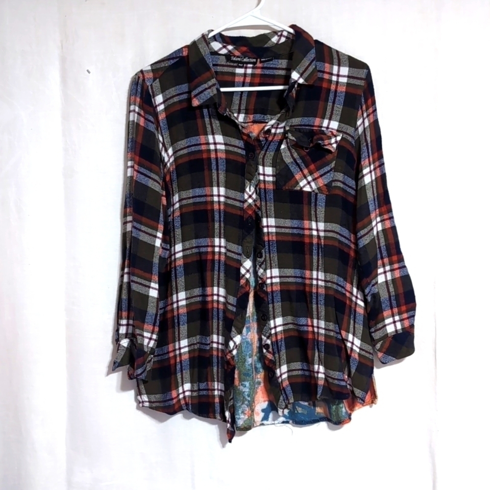 Tolani Collection Black Plaid Long Sleeve Button Up with Back Knit Design Medium